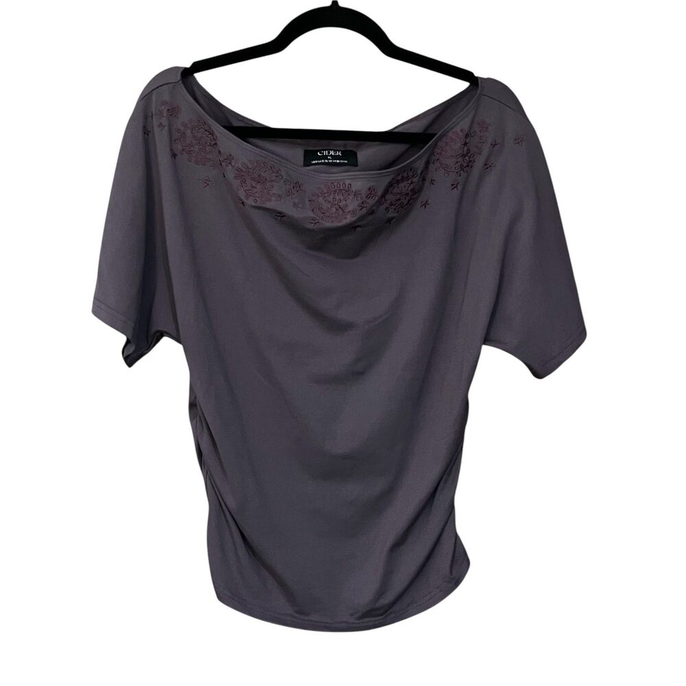 Cider embroidered and ruched short dolman sleeve off the shoulder top